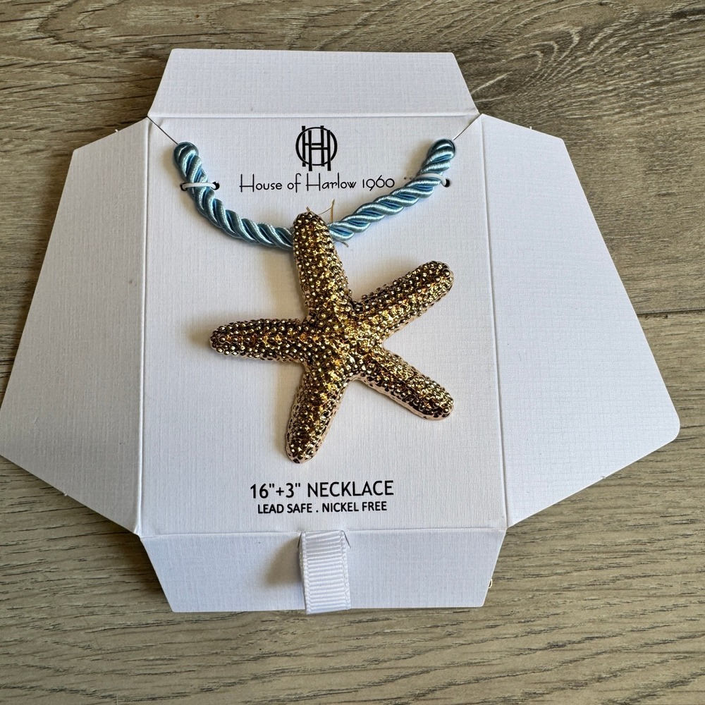 NWT House of Harlow 1960 Starfish Pendant Necklace Blue Rope Gold Tone 16+3 Inch